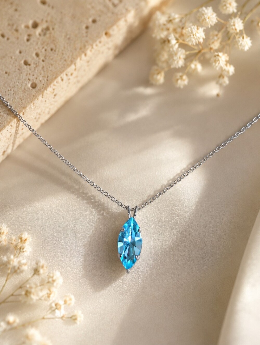 Blue Teardrop Crystal Pendant Necklace, Rhodium Plated | Handmade